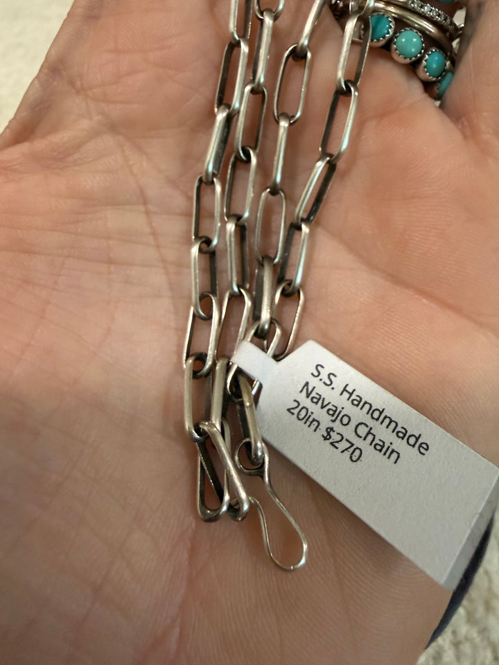 Navajo Sterling Silver Paperclip Chain Necklace – 20” Handmade by Lawrence Yazzie