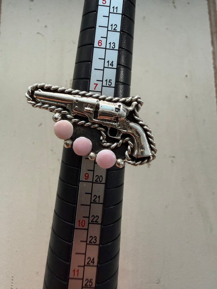 Running Bear Navajo Pink Conch Revolver Ring | Sterling Silver | Handmade | Size 7.75