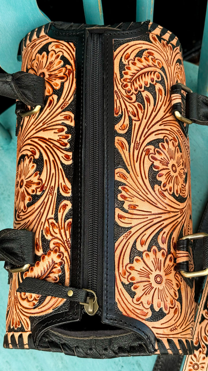 The Black Rock Heirloom Speedy Satchel | Tooled Leather Black and Tan Convertible Handbag