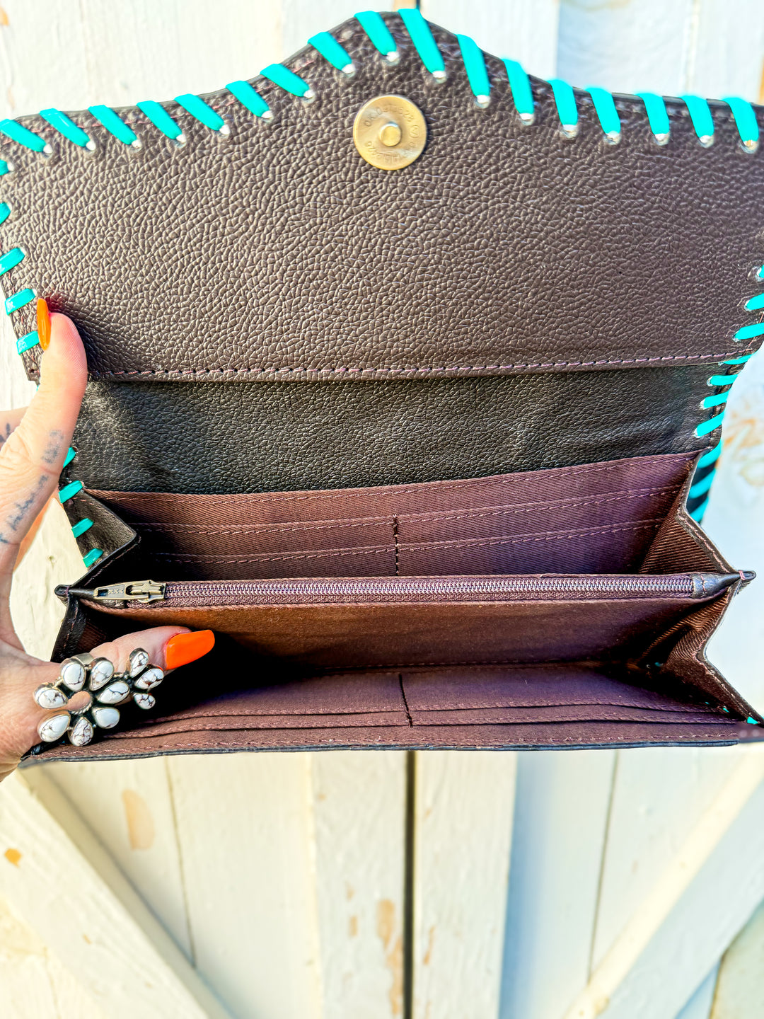 Tooled & Fancy Clutch | Hand Tooled Western Leather Wallet Clutch with Turquoise Whipstitch, Phone-Fit Oversized Wallet
