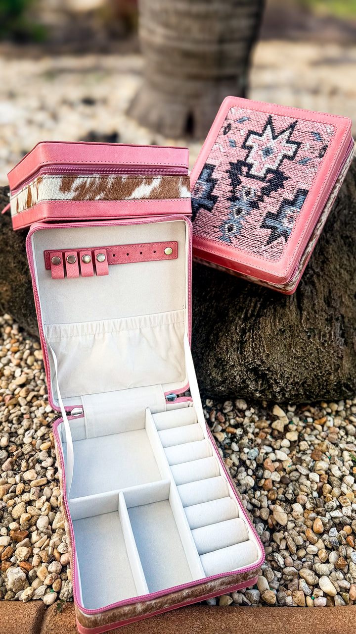 Pink Leather Tan Cowhide Southwestern Rug Design Jewelry Box