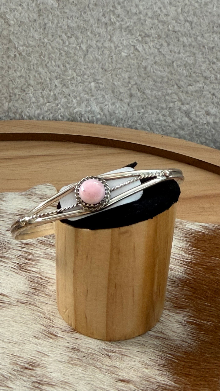 Esther White Navajo Handmade Pink Conch Petite Cuff Bracelet | Sterling Silver | Signed EW | 6.25” Wrist