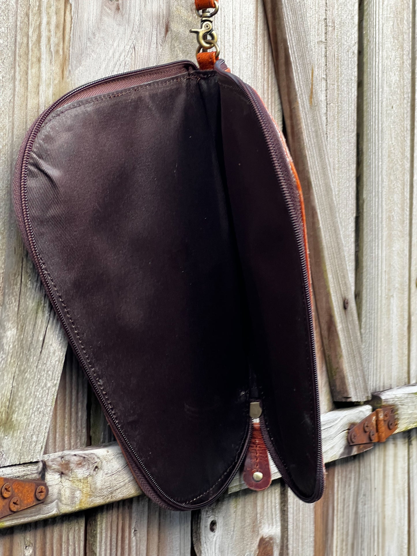 Tooled leather and cowhide zipper handgun case