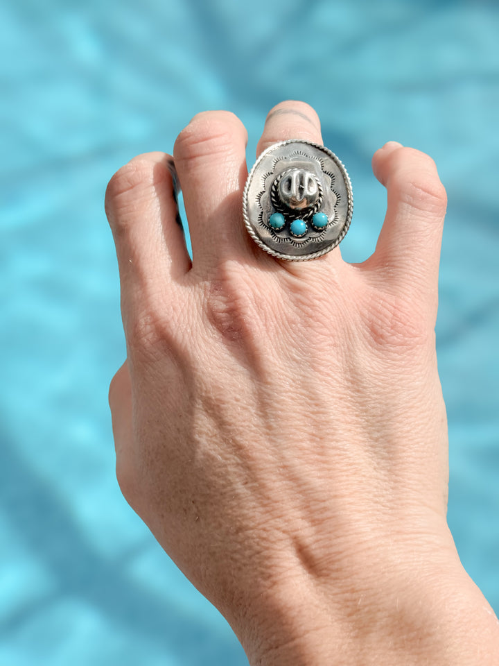 Running Bear Navajo Cowboy Hat Ring | Kingman Turquoise Sterling Silver Size 5.5