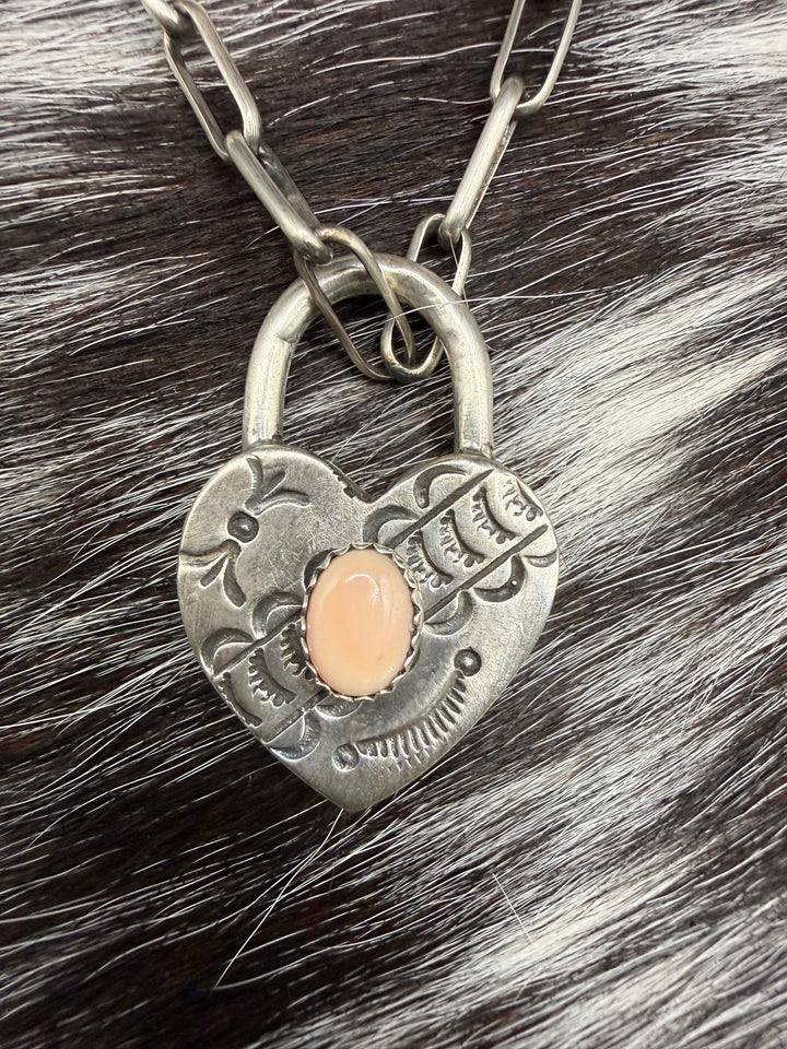 Navajo Sterling Silver Lock Necklace Charm Pendants | Turquoise or Pink Conch