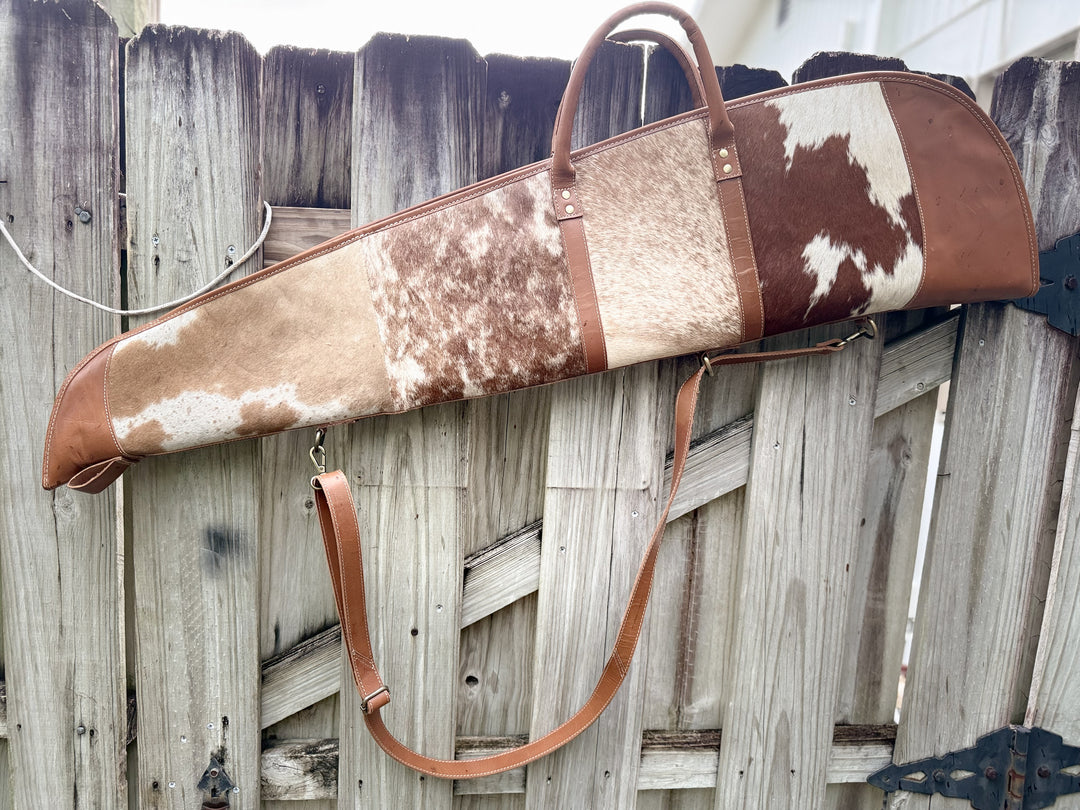 Shotgun Rider | Custom Hair on Cowhide and Caramel Brown Leather Padded Protective Western Rifle Case with Strap and Handles