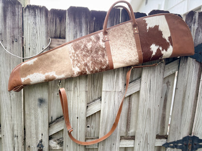 Custom Hair on Cowhide and Caramel Brown (2) Leather Padded Protective Western Rifle Case with Strap and Handles