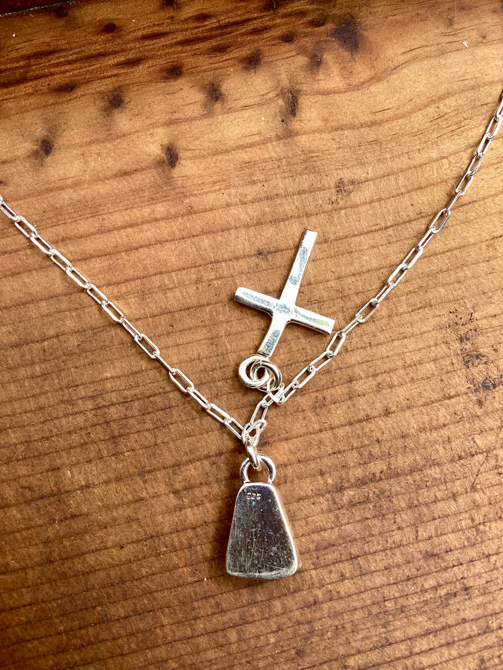 petite sterling silver cross and turquoise charm necklace with adjustable chain
