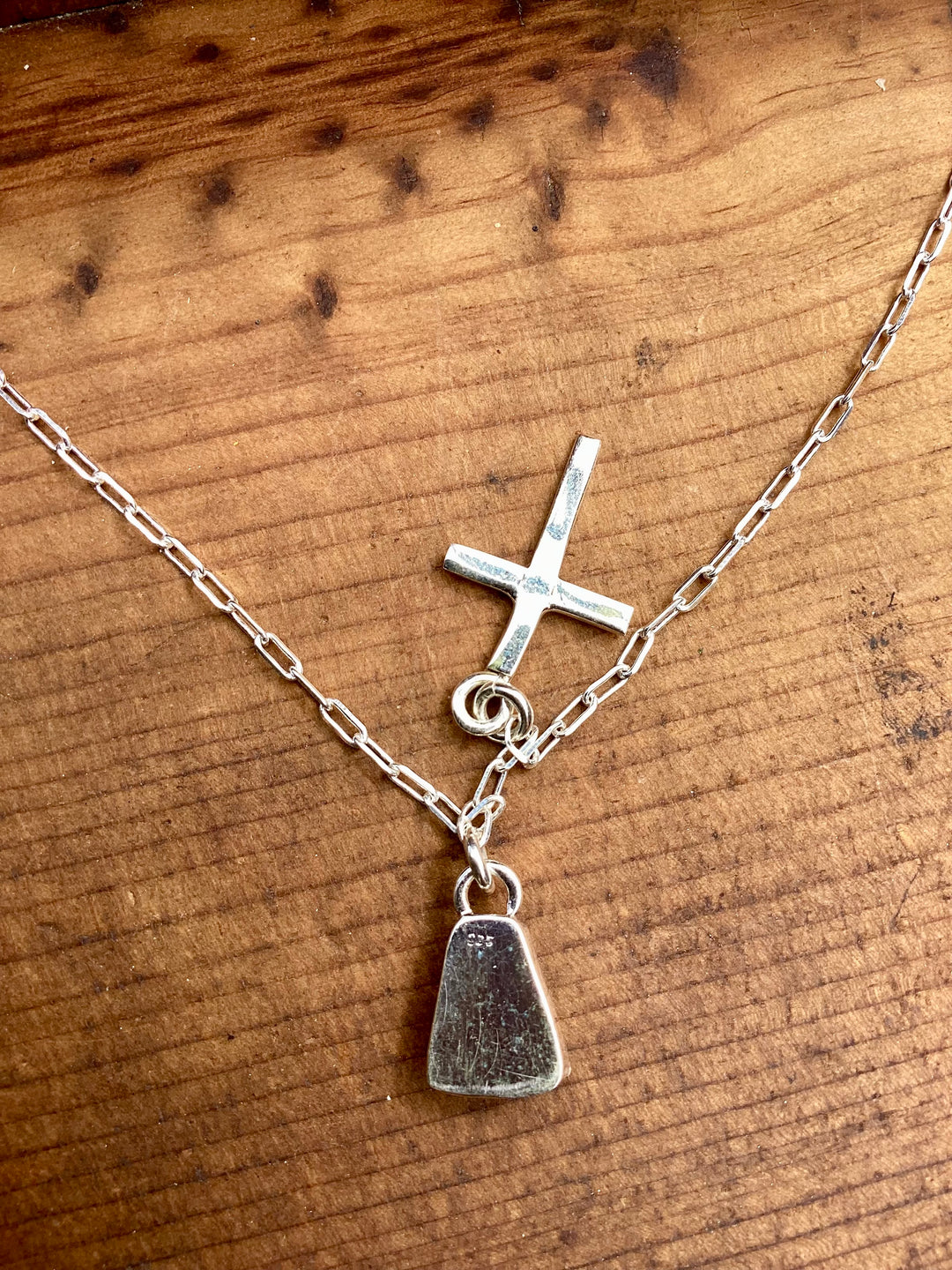 petite sterling silver cross and turquoise charm necklace with adjustable chain
