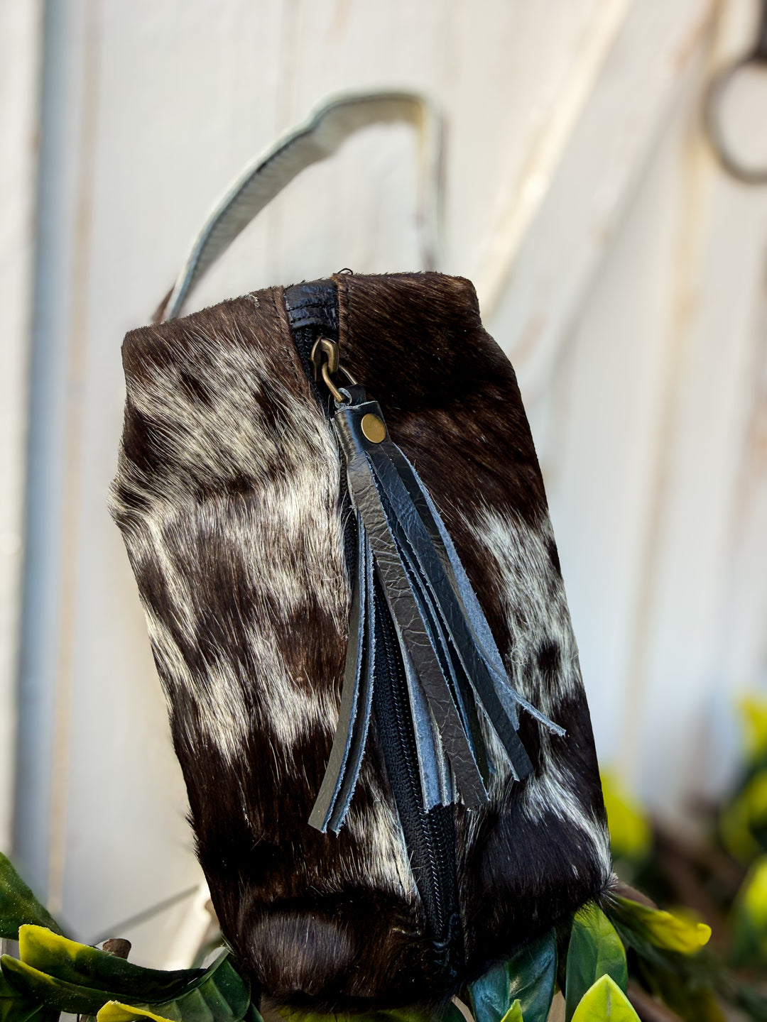 Black Cowhide & Leather Travel Cosmetic Bag | Black Fringe