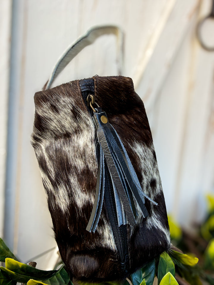 Black Cowhide & Leather Travel Cosmetic Bag | Black Fringe