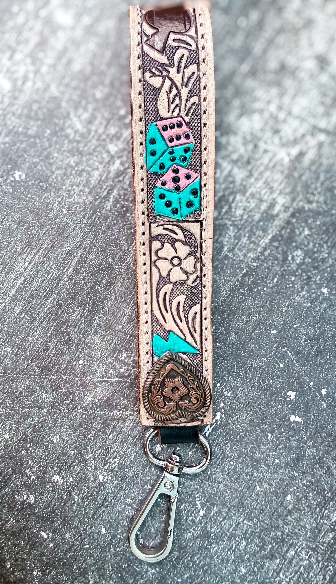 Punchy Hand Tooled and Hand Painted Leather Key Chain Wristlet