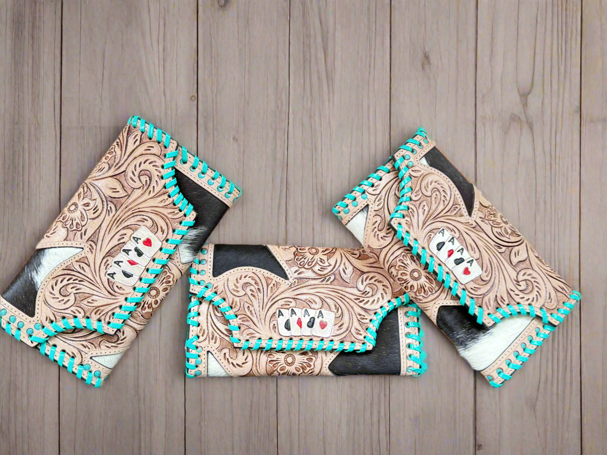 Hide and Ace : Tooled Leather and Cowhide Aces Card Design Turquoise Stiched Wallet