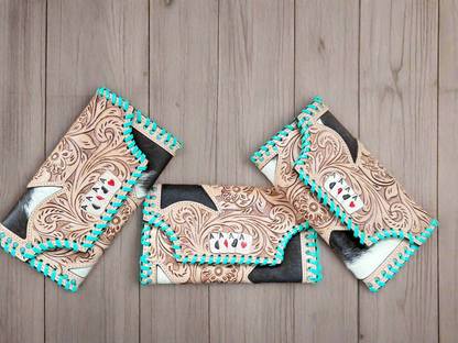 Hide and Ace : Tooled Leather and Cowhide Aces Card Design Turquoise Stiched Wallet