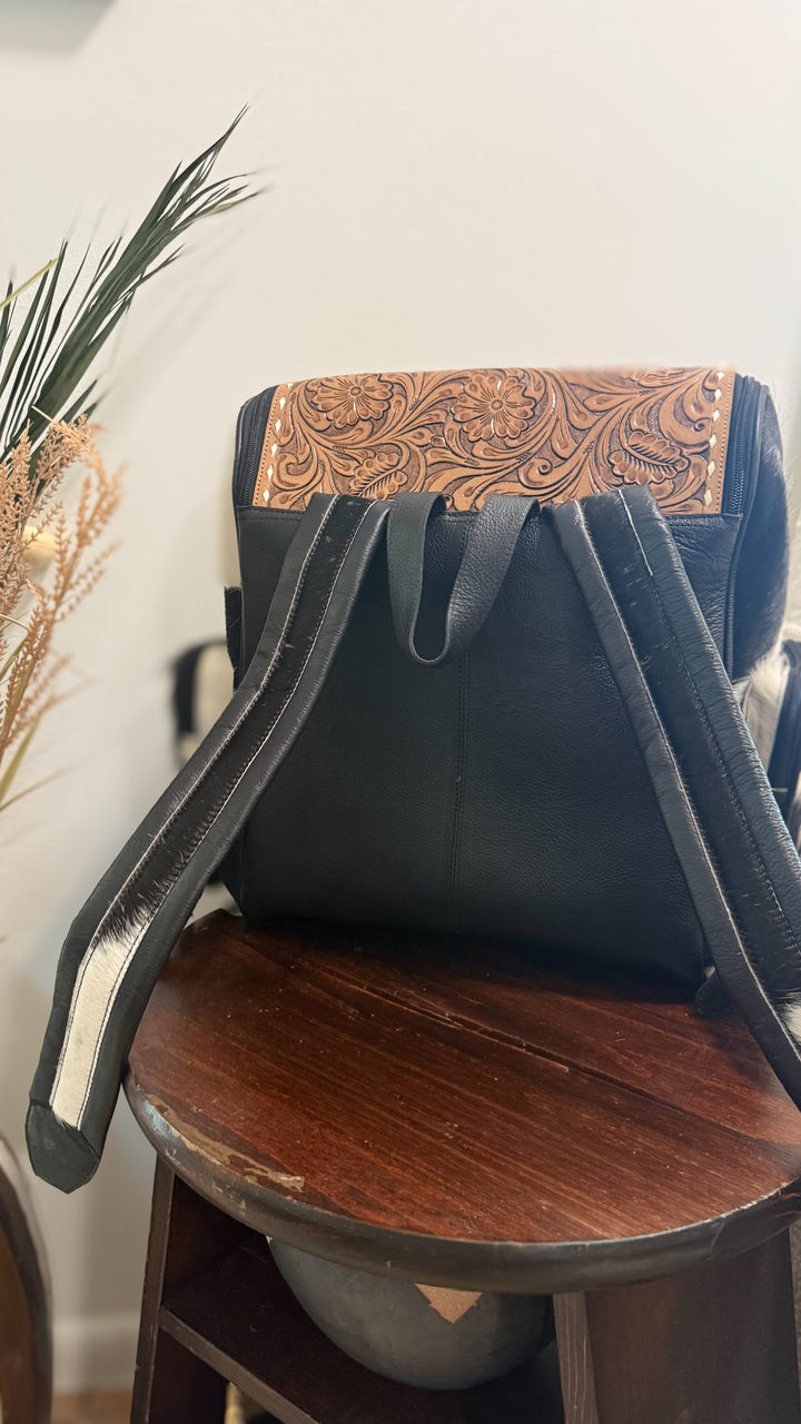 The Bubba XL Backpack | Tooled Leather Cowhide Travel Bag | Black or Tan
