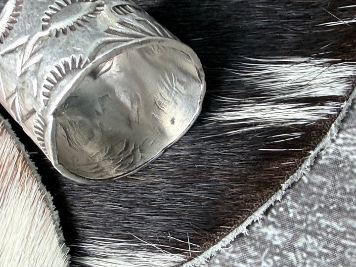 Navajo Handmade Sterling Silver Stamped Cigar Band Ring | Size 7.5 Wide Native American Ring
