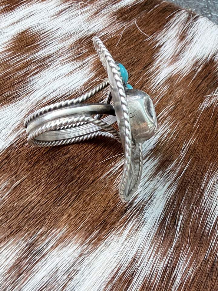 Running Bear Navajo Cowboy Hat Ring | Kingman Turquoise Sterling Silver Size 5.5