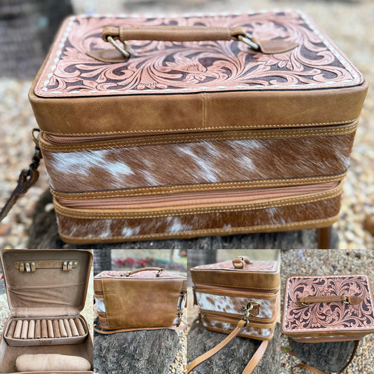 The Double Decker: Large Cowhide and Tooled Leather Jewelry Case