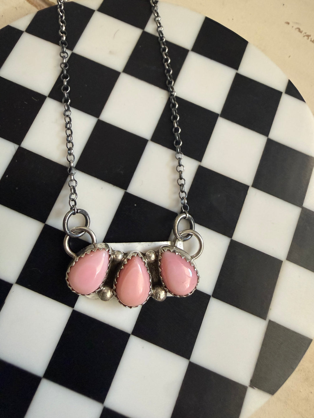 Myra Benally Pink Conch Three-Stone Cluster Necklace | Navajo Sterling Silver