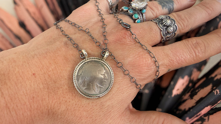 Keith Henry Navajo Buffalo Nickel Necklace | Handmade Sterling Silver Coin Pendant | Oxidized 16” Chain