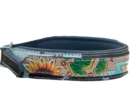 Desert Wanderer : (L) Hand Tooled Painted Design and Cowhide Dog Collar
