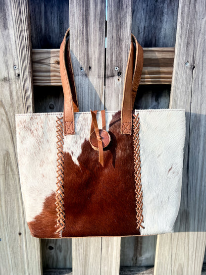 Cowhide leather tote in brown