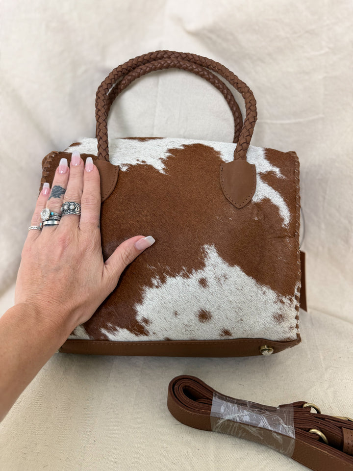 Soft & Strong™ Cowhide Satchel | Caramel & White Genuine Hair-On Hide Leather Handbag