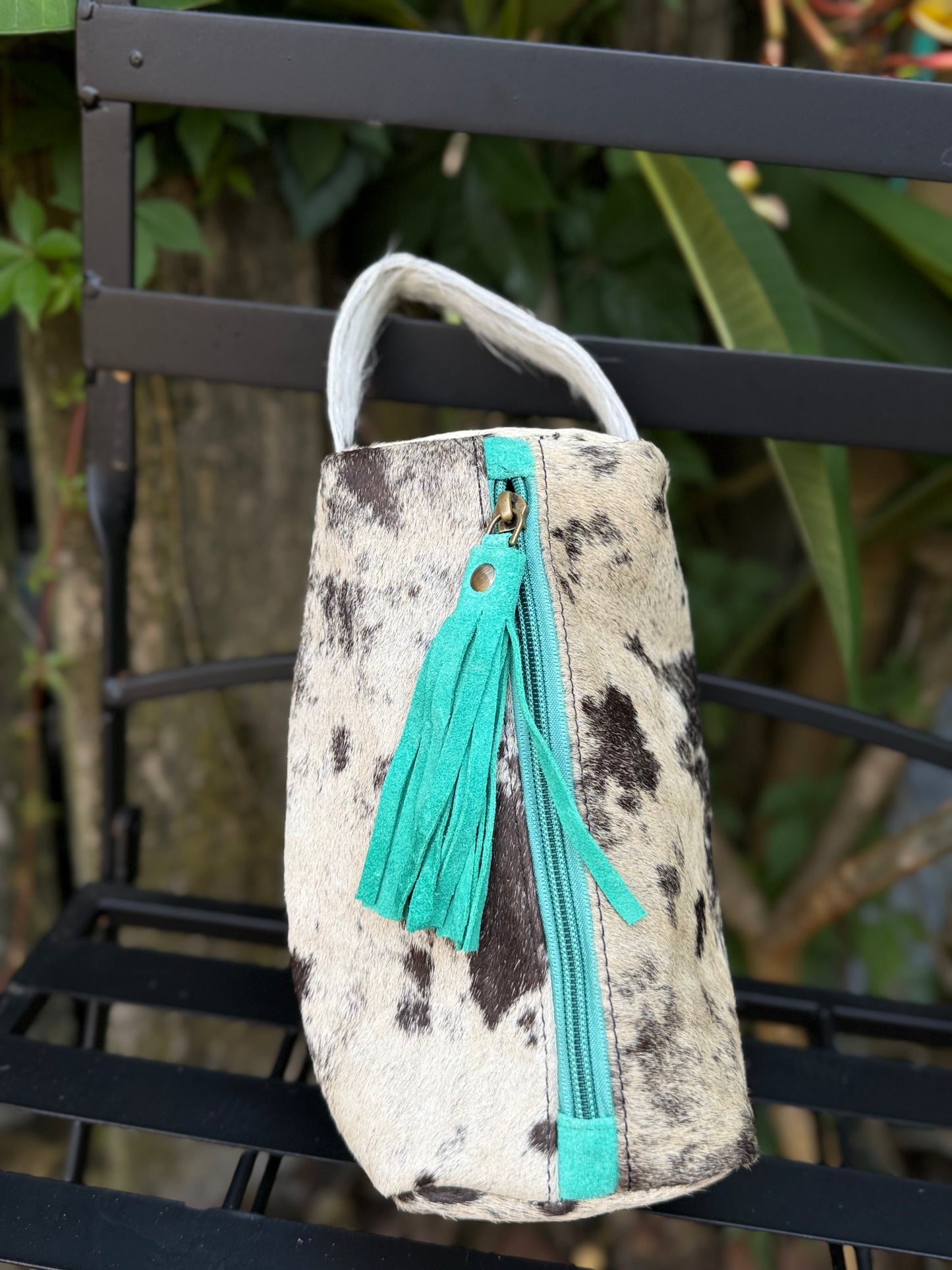 Black/White Cowhide & Leather Travel Cosmetic Bag | Turquoise Fringe