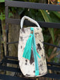 Black/White Cowhide & Leather Travel Cosmetic Bag | Turquoise Fringe