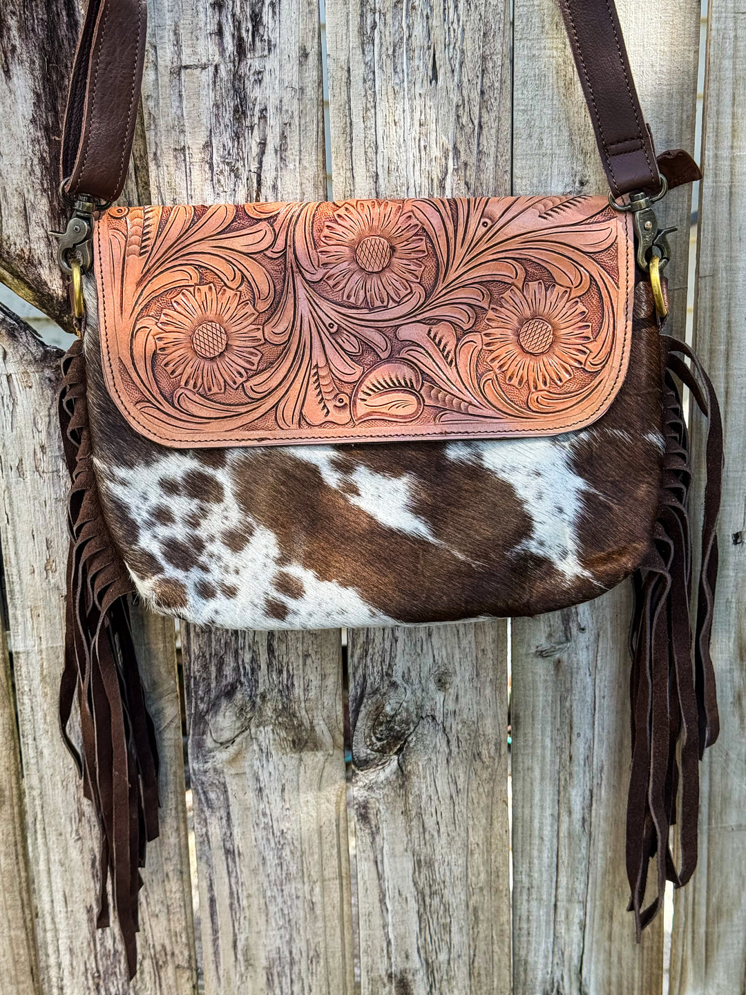 Grit & Grace | Hand Tooled Leather Cowhide and Brown Fringe Crossbody