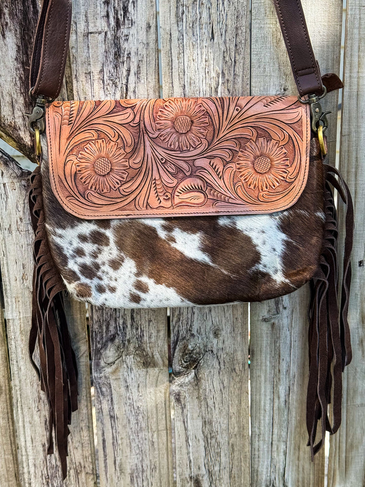 Grit & Grace | Hand Tooled Leather Cowhide and Brown Fringe Crossbody