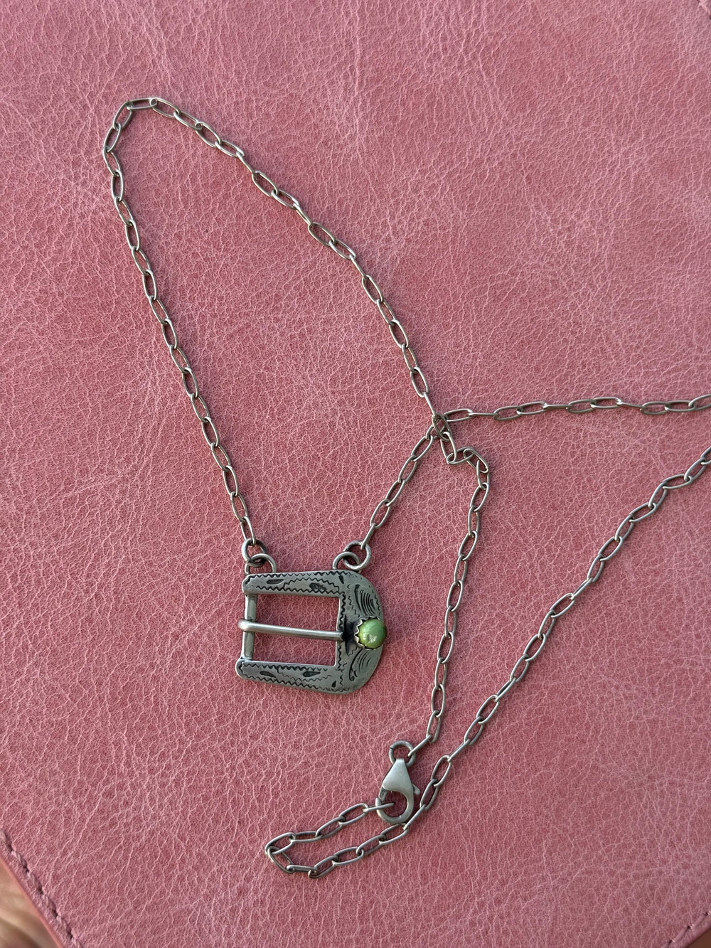 Native American sterling silver buckle necklace with turquoise
Handmade silver belt buckle pendant necklace
Western turquoise necklace on chain