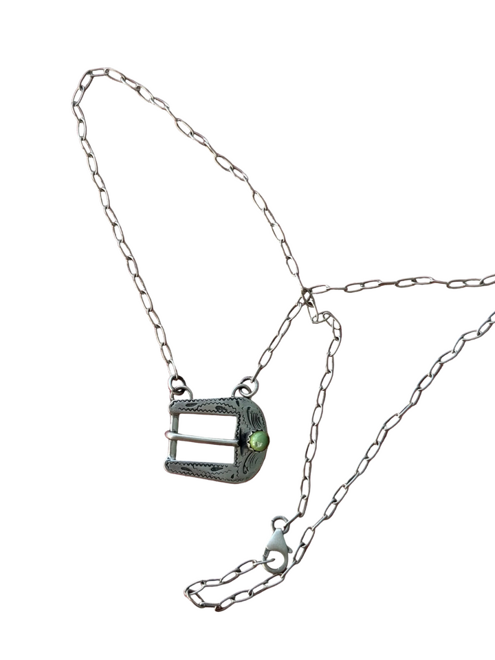 Native American Sterling Silver Handmade Belt Buckle Necklace – PW Signed Turquoise Pendant (20”)