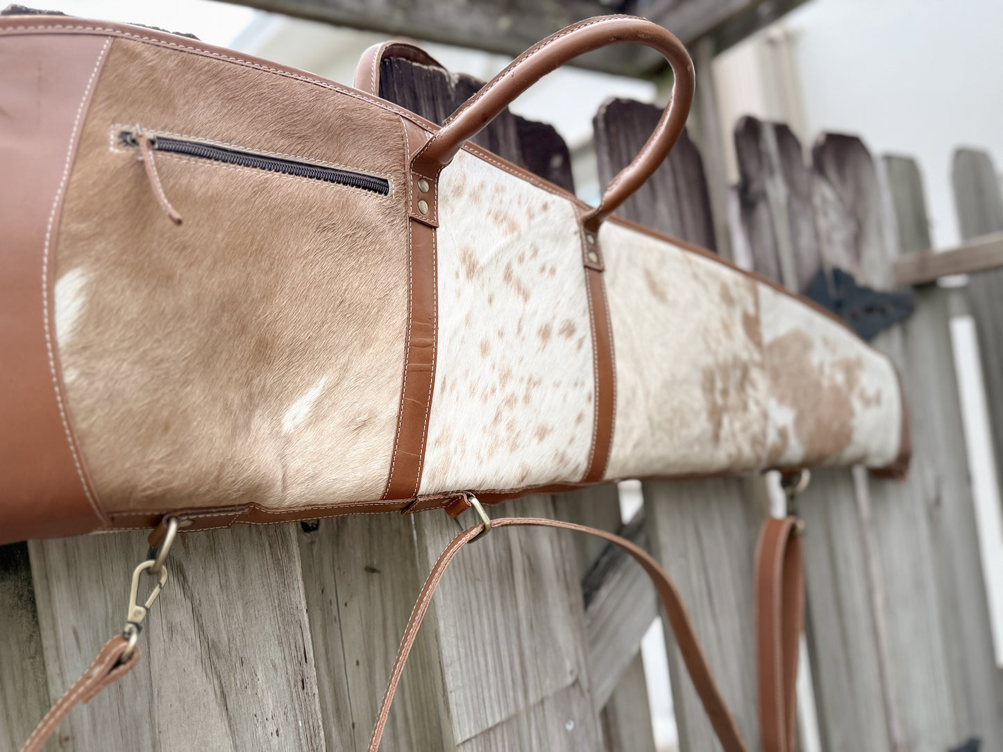 Custom Hair on Cowhide and Caramel Brown Leather Padded Protective Western Rifle Case with Strap and Handles