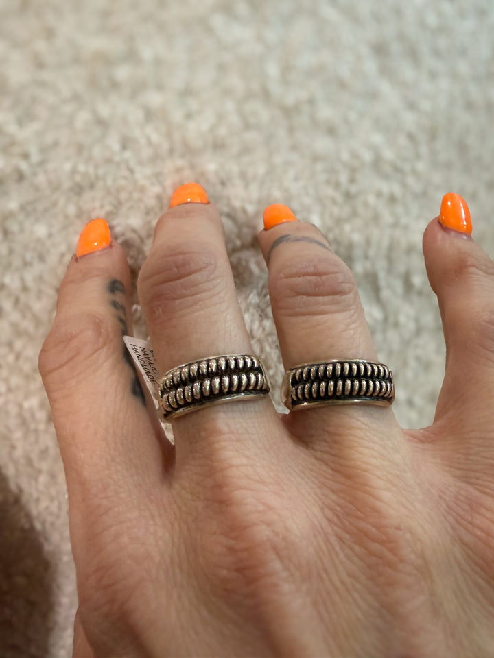 Navajo Sterling Silver Beaded Raindrop Band Ring – Handmade by Richard Mike Size 7.5, 8