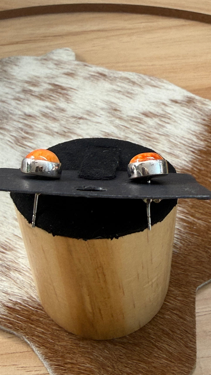Navajo Handmade 6mm Spiny Oyster Stud Earrings | Sterling Silver | Genuine Native American Jewelry