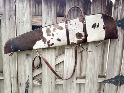 Custom Hair on Cowhide and Dark Brown Leather Padded Protective Western Rifle Case with Strap and Handles