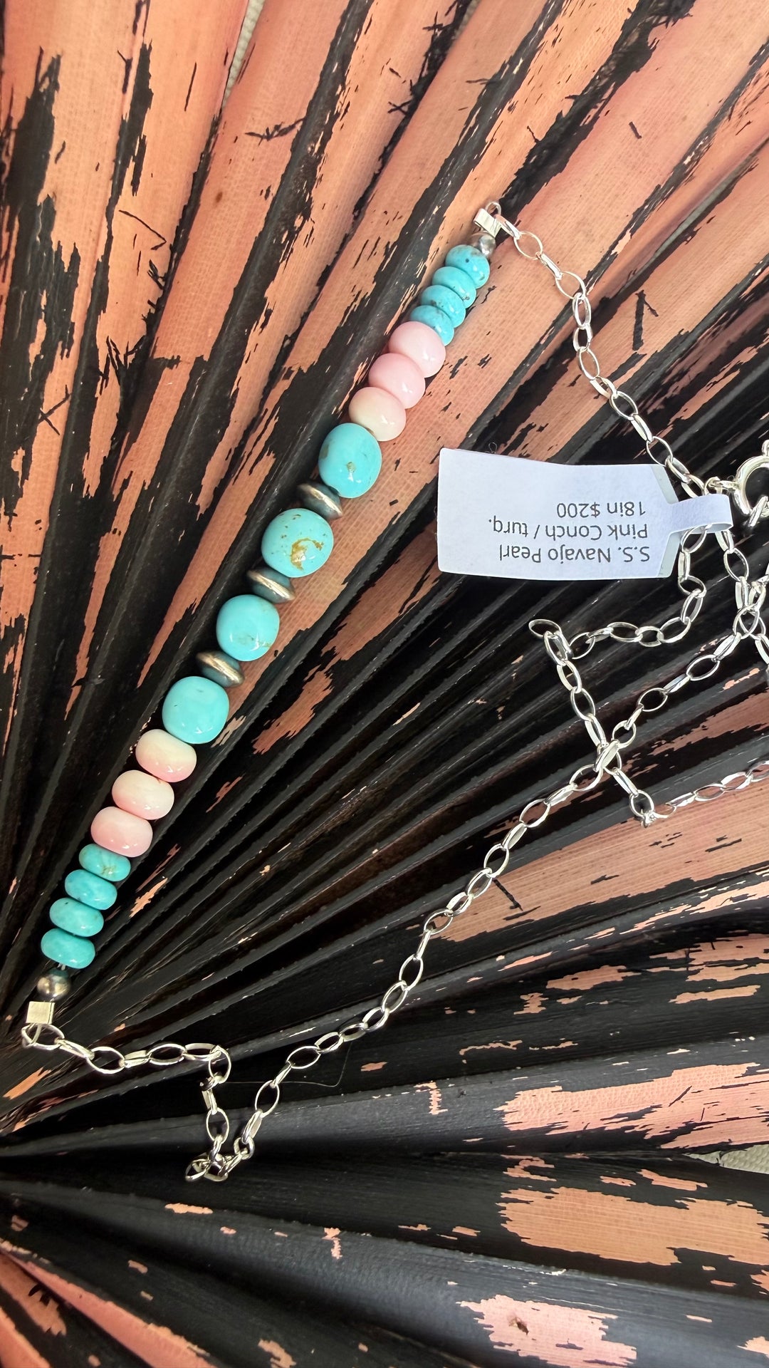 Navajo Kimberly Tom Turquoise & Pink Conch Necklace | Sterling Silver Chain | Handmade