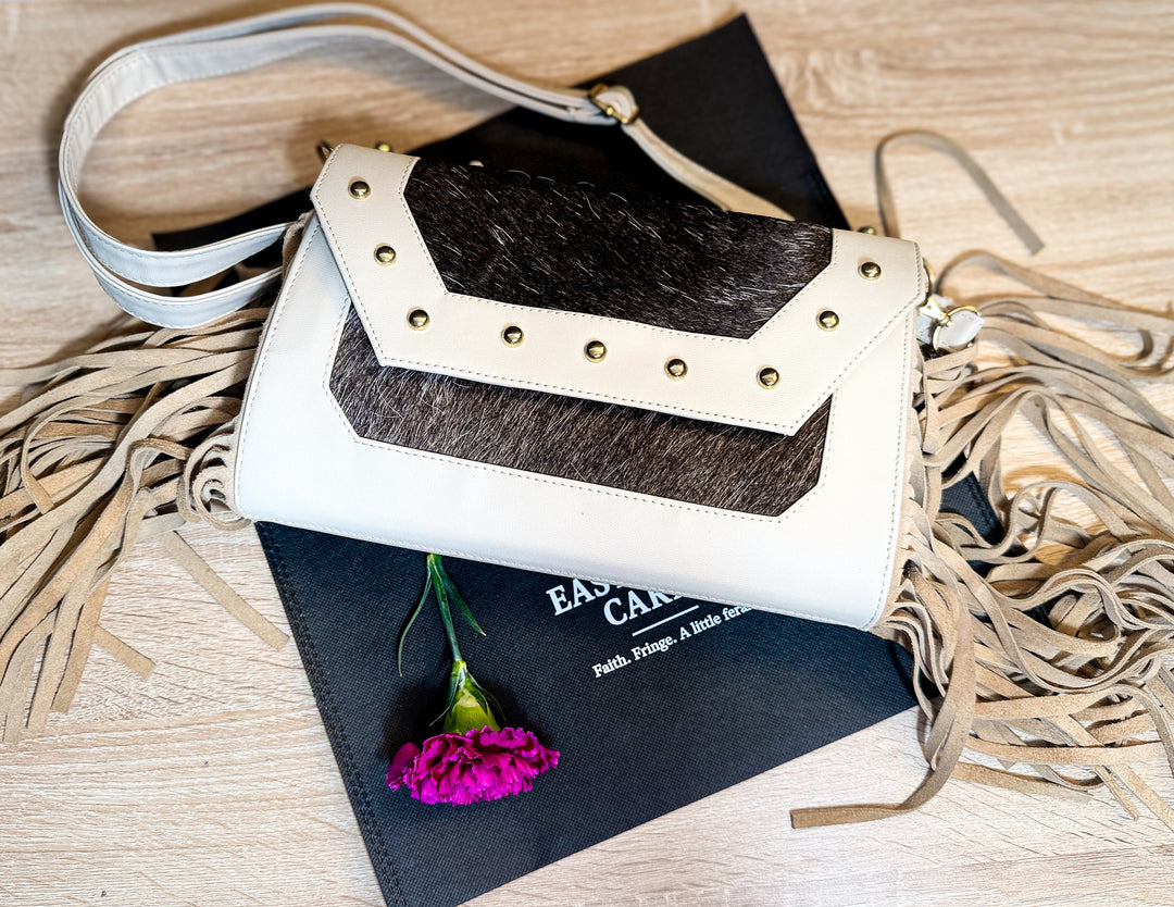 The Westbury | Charcoal Cowhide & Oatmeal Leather Fringe Bag
