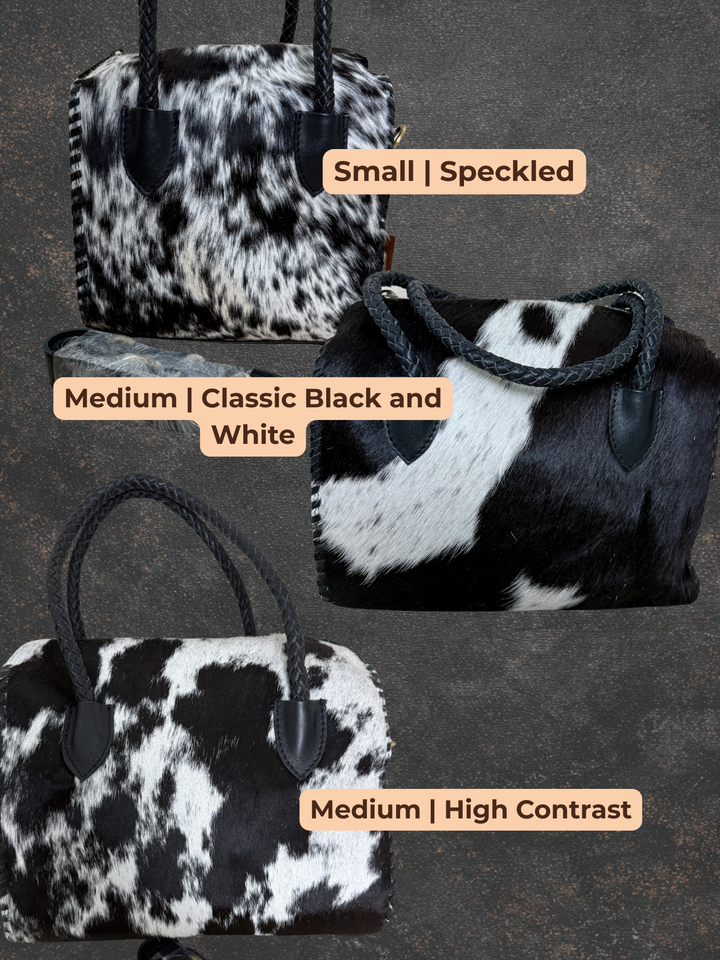 Soft & Strong™ Cowhide Satchel | Black & White Genuine Hair-On Hide Black Leather Handbag