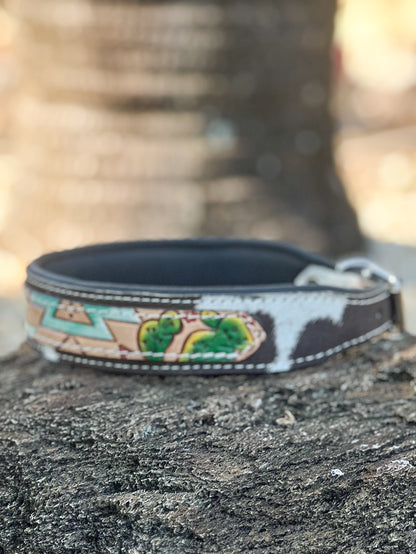 DESERT WANDERER 2 (L) hand tooled painted design and cowhide dog collar