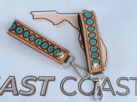 Turquoise Stone Design Hand Tooled Leather Hand Painted Keychain Strap