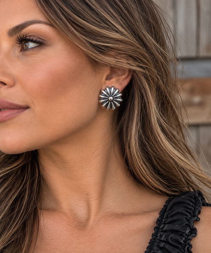 Handmade Sterling Silver Large Floral Concho Stud Earrings | Signed