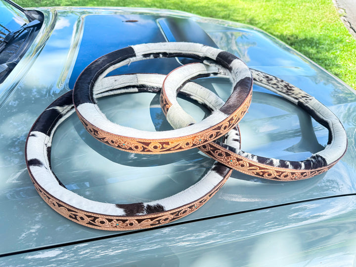 Western Tooled Leather and Cowhide Truck Steering Wheel Cover – Choose 15” or 16″