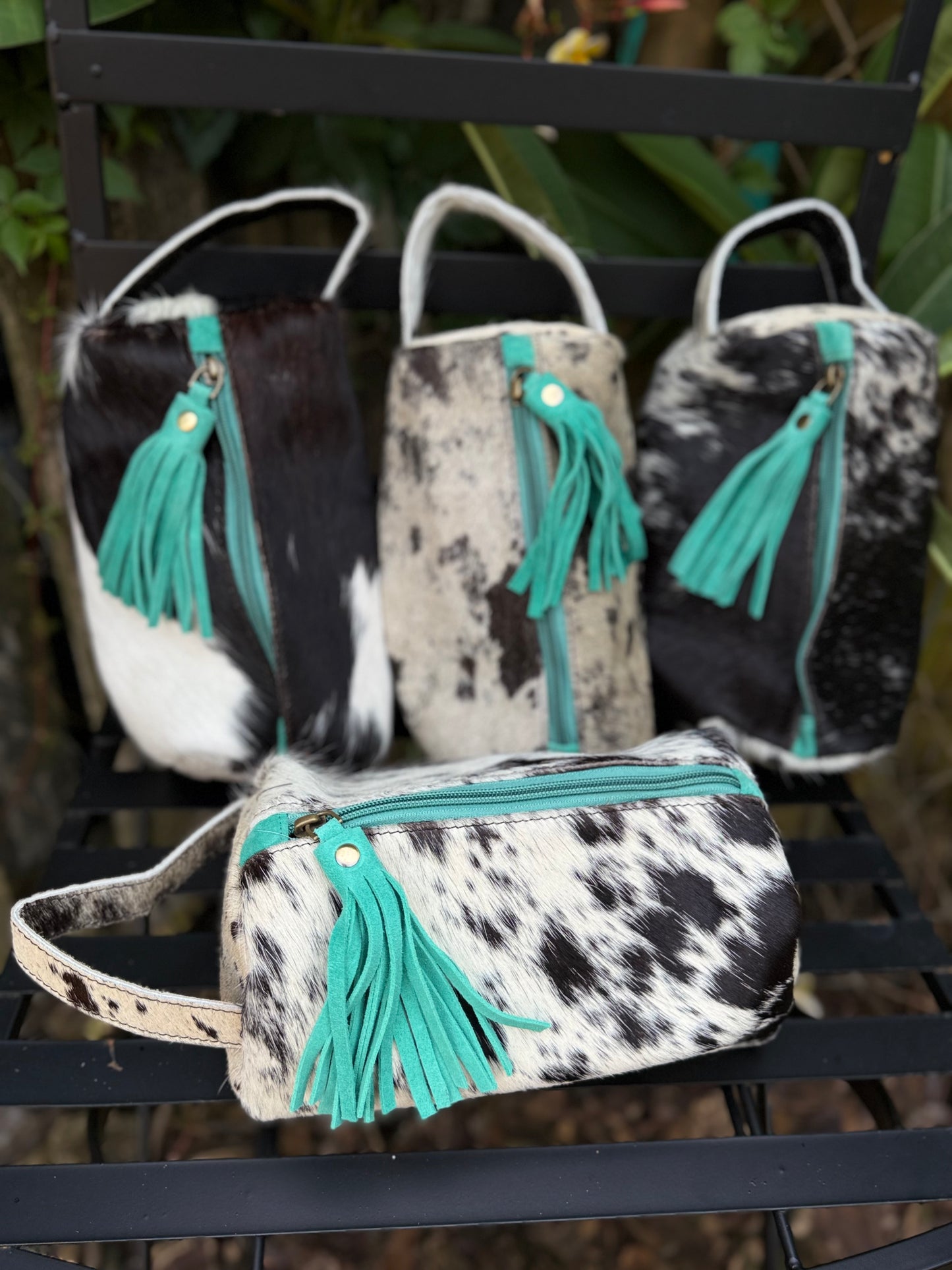 Black/White Cowhide & Leather Travel Cosmetic Bag | Turquoise Fringe