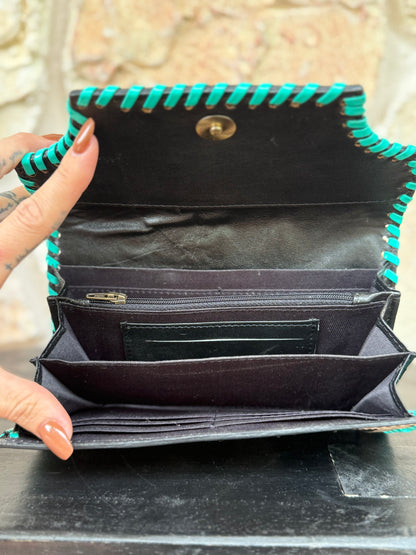 Hide and Ace : Tooled Leather and Cowhide Aces Card Design Turquoise Stiched Wallet
