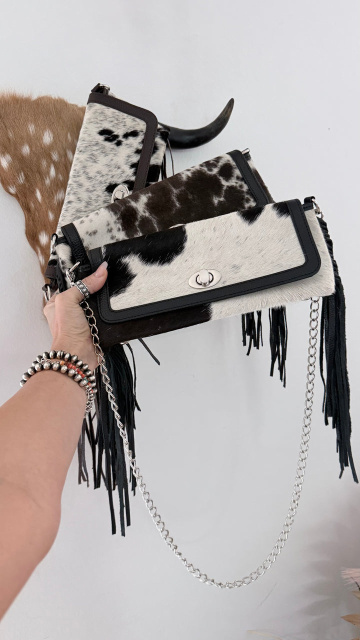 Night Moves | Cowhide Leather Fringe Clutch & Chain Crossbody Purse