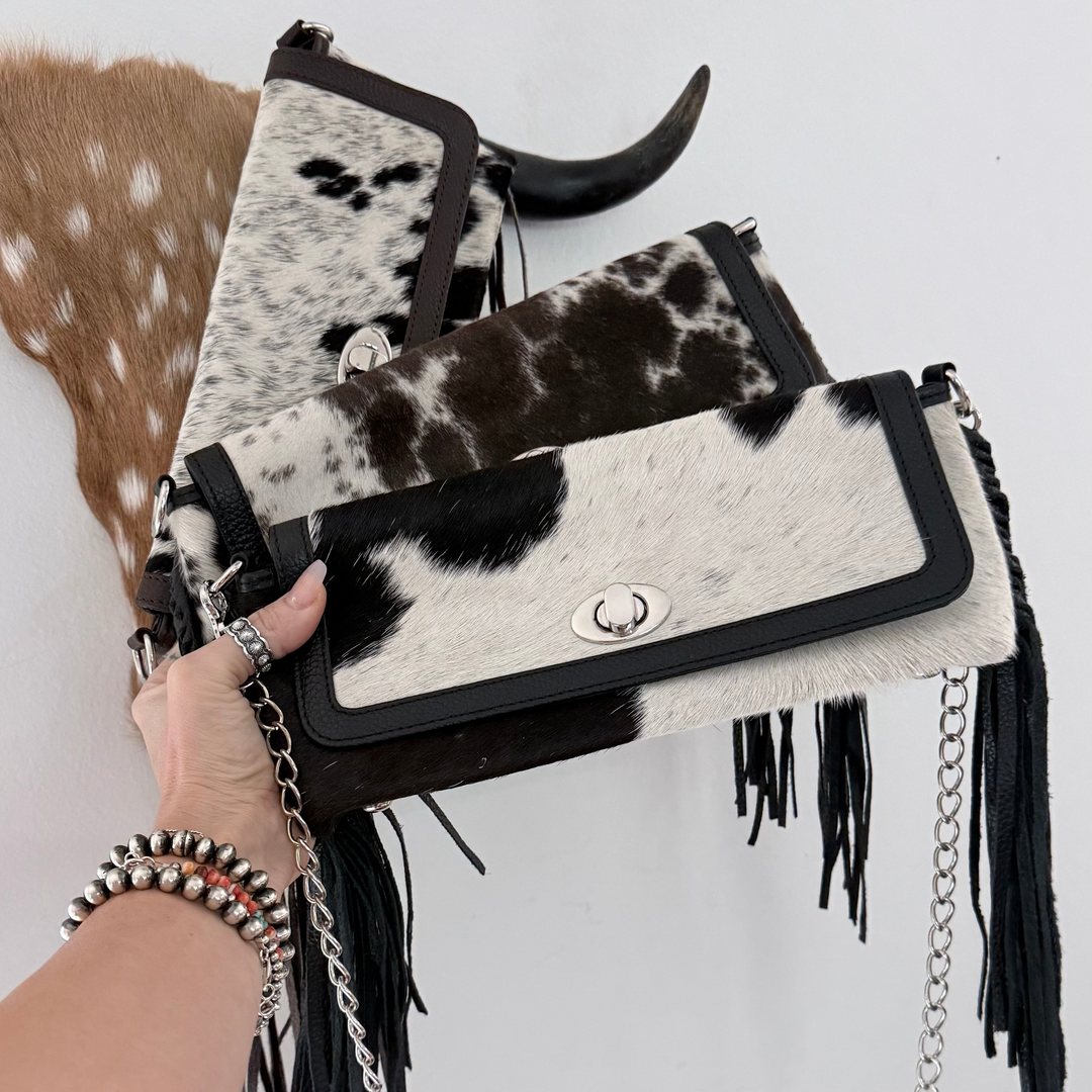 Night Moves | Cowhide Leather Fringe Clutch & Chain Crossbody Purse