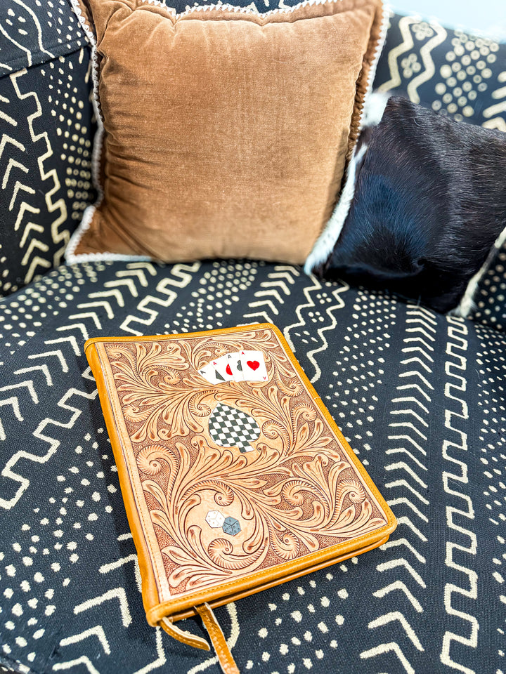 Adult Money Work Binder | Tooled Leather Western Zip Portfolio Organizer with Card Slots & Ring Binder