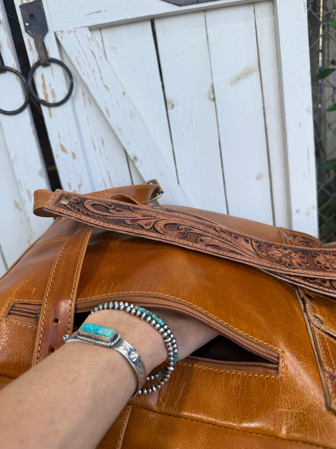 Tooled Leather Cowhide Backpack | Diaper or Work Bag Style + Hidden Back Pocket